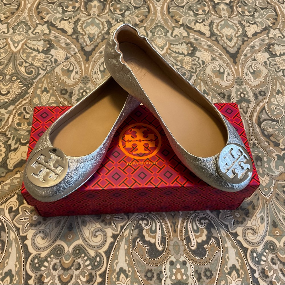 New Tory Burch Minnie Travel Ballet With Logo Smooth Metallic Women’s Sz 7 M